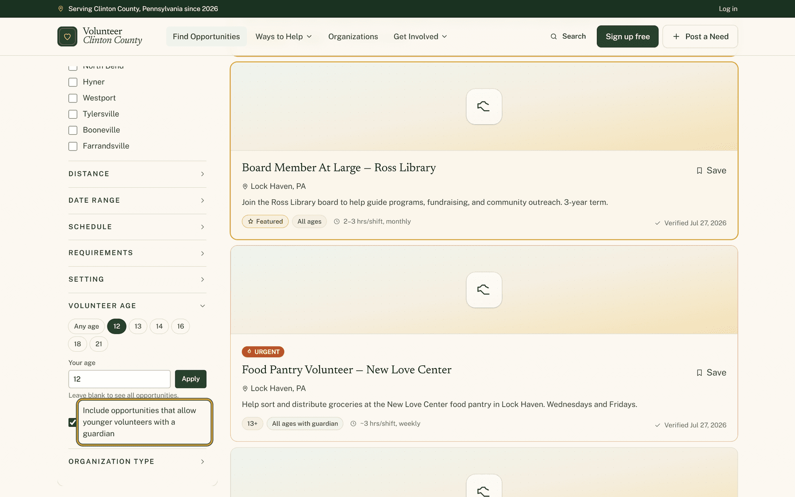 The same filter panel with the guardian checkbox ticked and additional opportunity cards visible in the results column beside it.